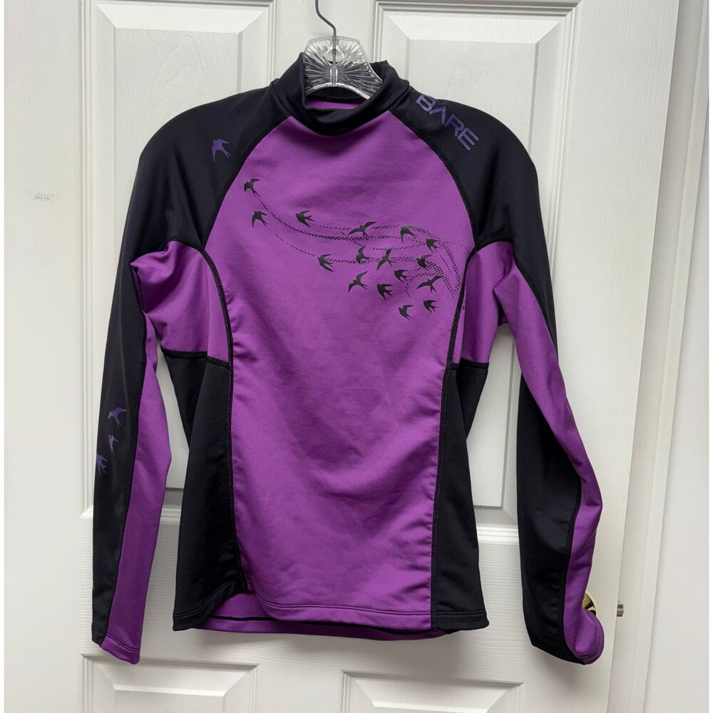 BARE Chillguard Top Purple Black Birds Surfer Shirt Rash Guard Women’s M